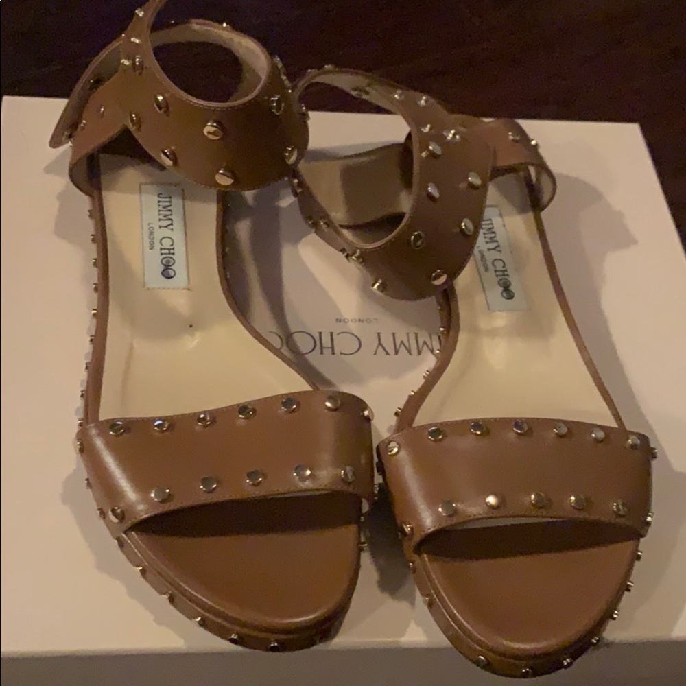 Jimmy Choo Brown Studded Leather Ankle-Strap Sandals